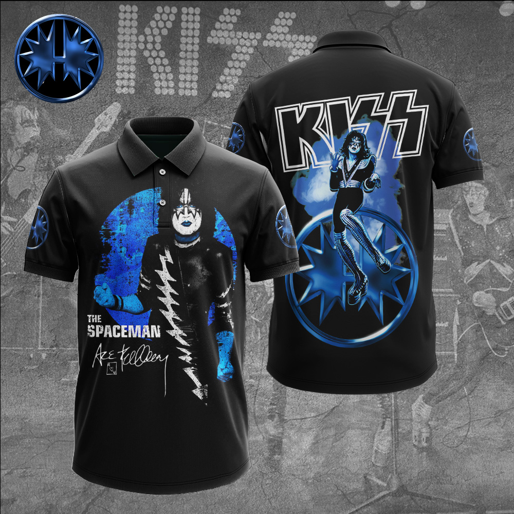 Kiss Ace Frehley Spaceman Polo Shirt Blue Cosmic Guitar