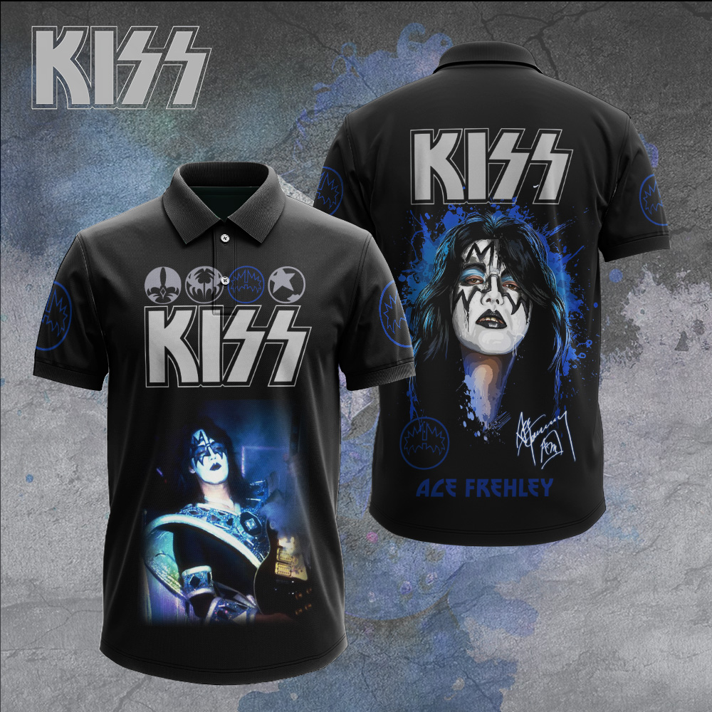 Kiss Ace Frehley Tour Polo Shirt Blue Guitar Legends