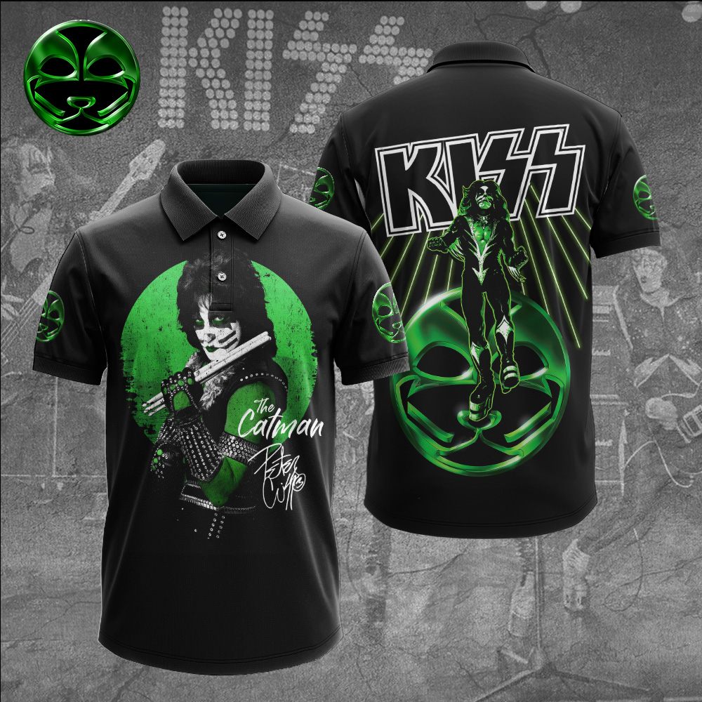Kiss Catman Green Graphic Polo Shirt Rock Icon