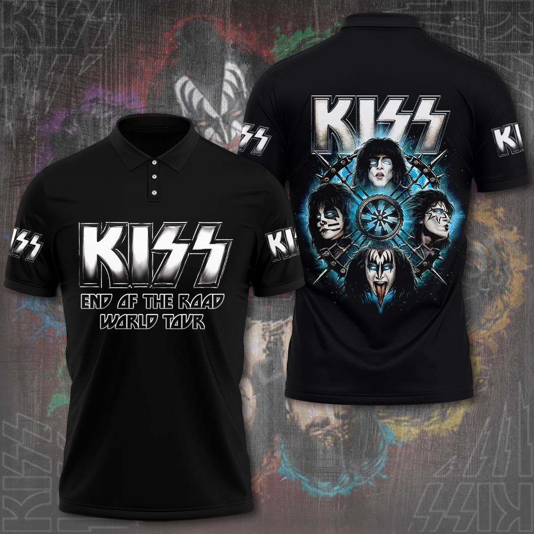 Kiss End Of The Road Final Tour Polo Shirt Blue Fire Stage Design