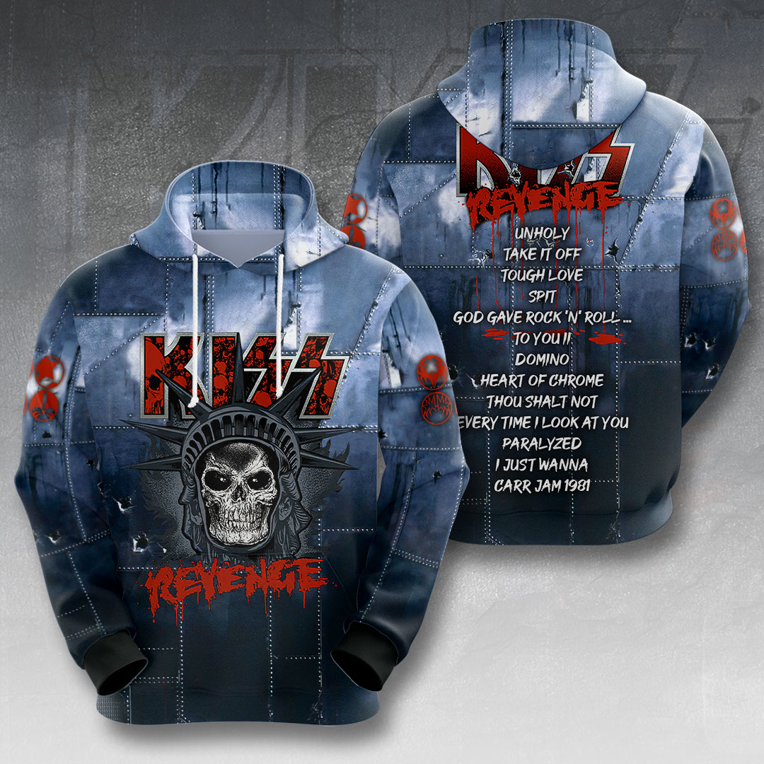 Kiss Revenge Skull Graphic Hoodie Blue Metallic Tour Design