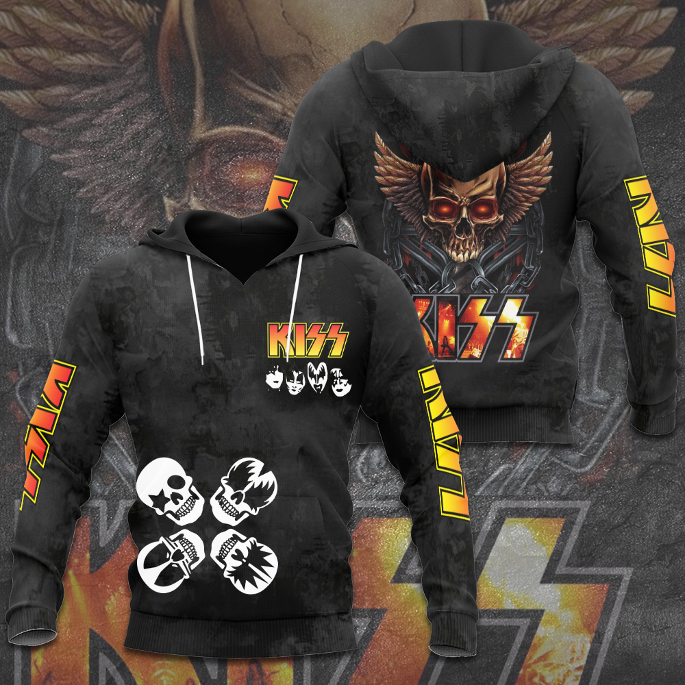 Kiss Skull Wings Graphic Hoodie Red Fire Rock