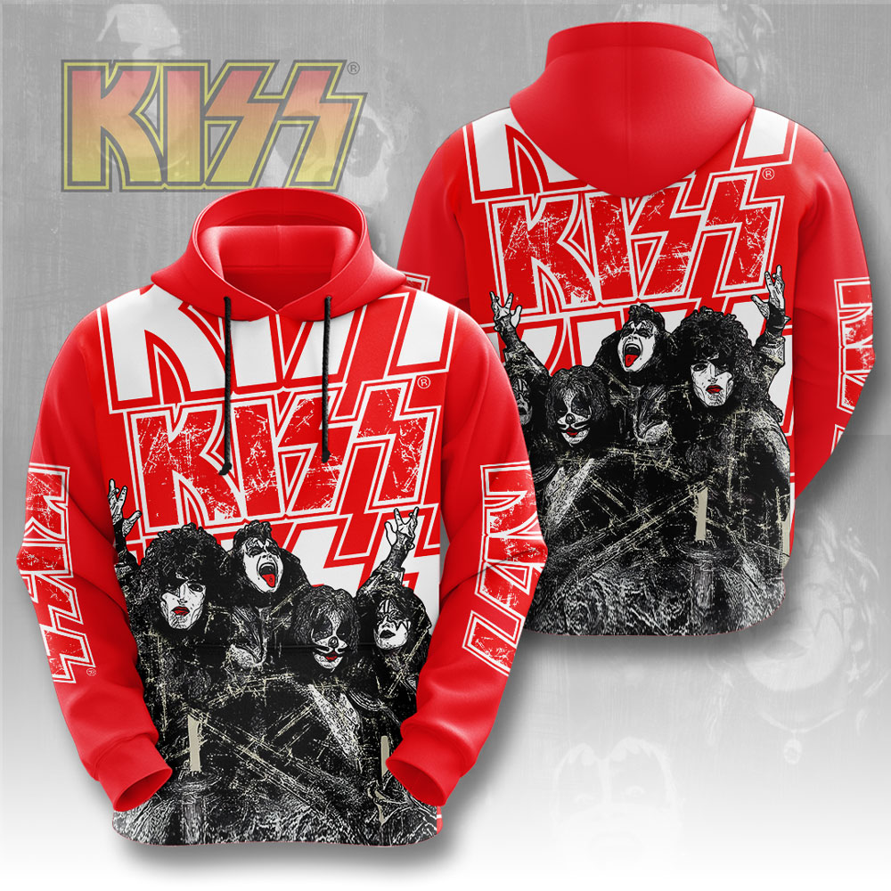 Kiss Red & White Signature Graphic Hoodie Retro Band Style