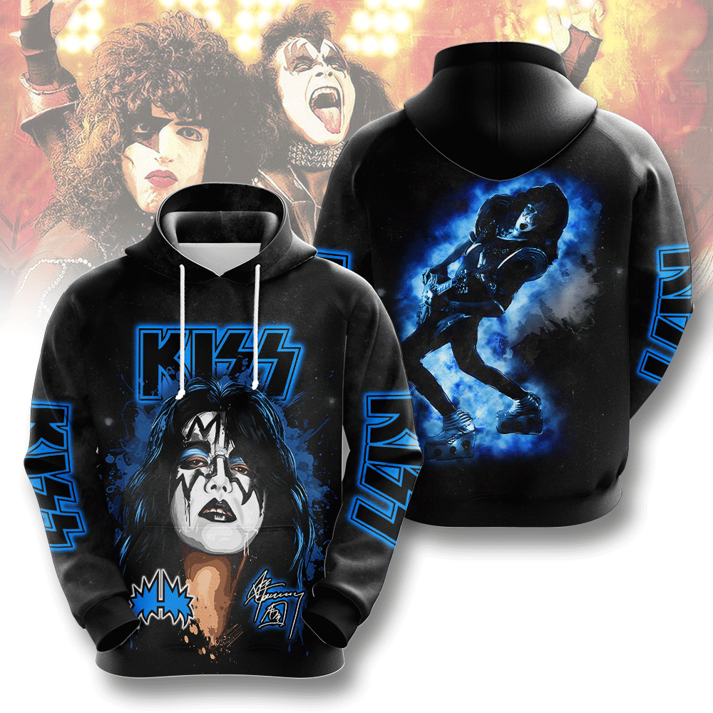 Kiss Ace Frehley Cosmic Guitar Hoodie Blue Lightning Stage Art