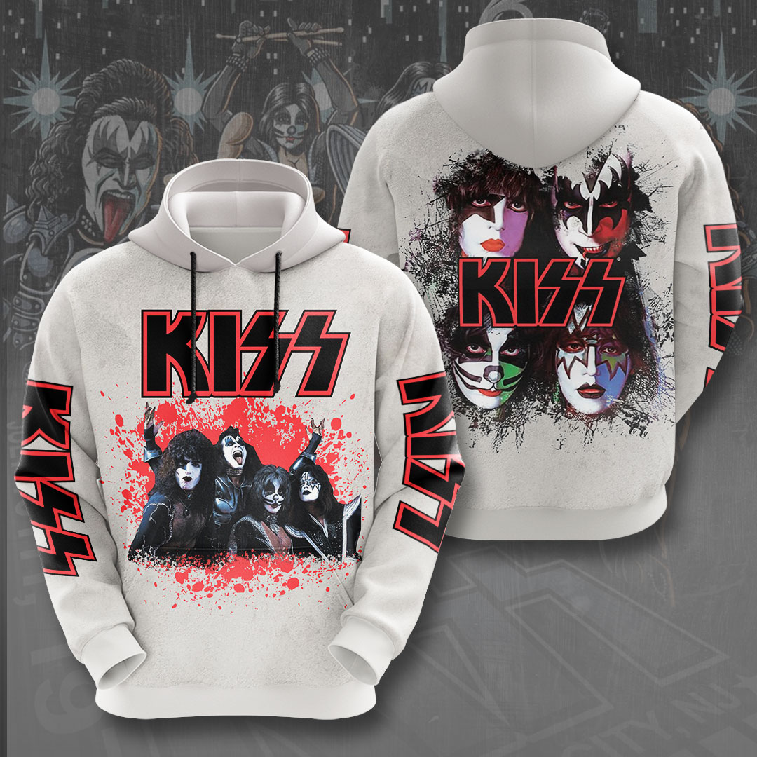 Kiss Rock Band Portraihoodie White Smoke Graphic