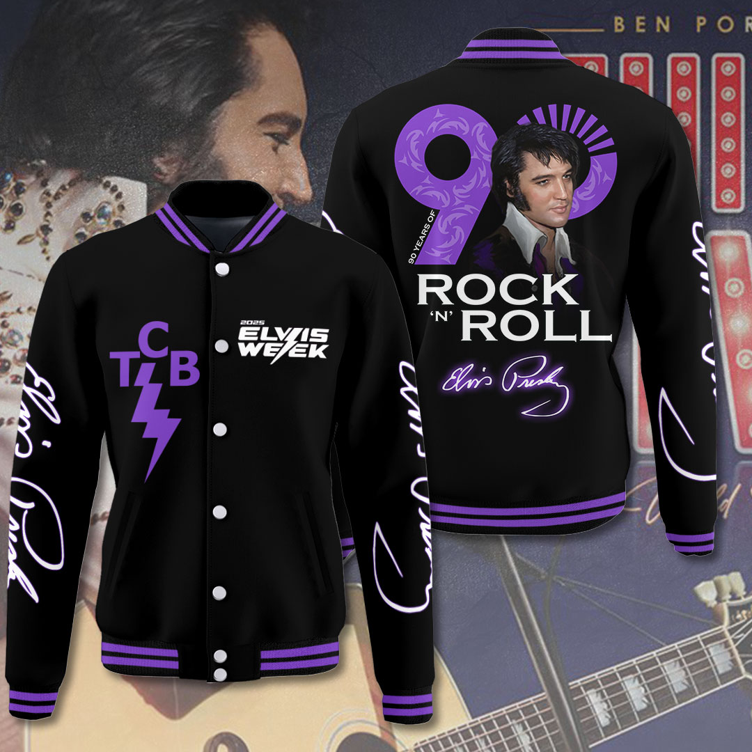 Elvis 90Th Anniversary Varsity Jacket Black Gold Tribute Style