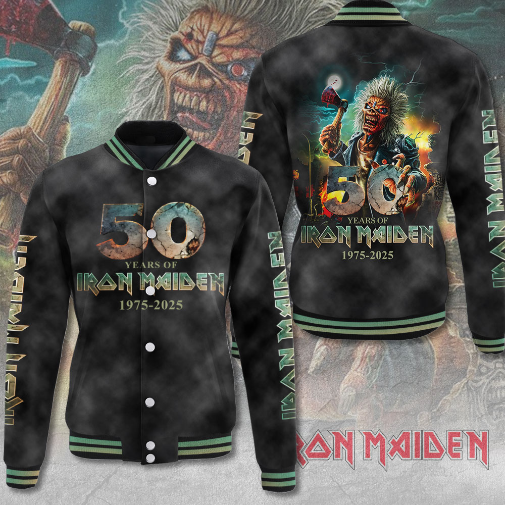 Iron Maiden Inspired 50 Years Anniversary Varsity Jacket Black Gold Edition