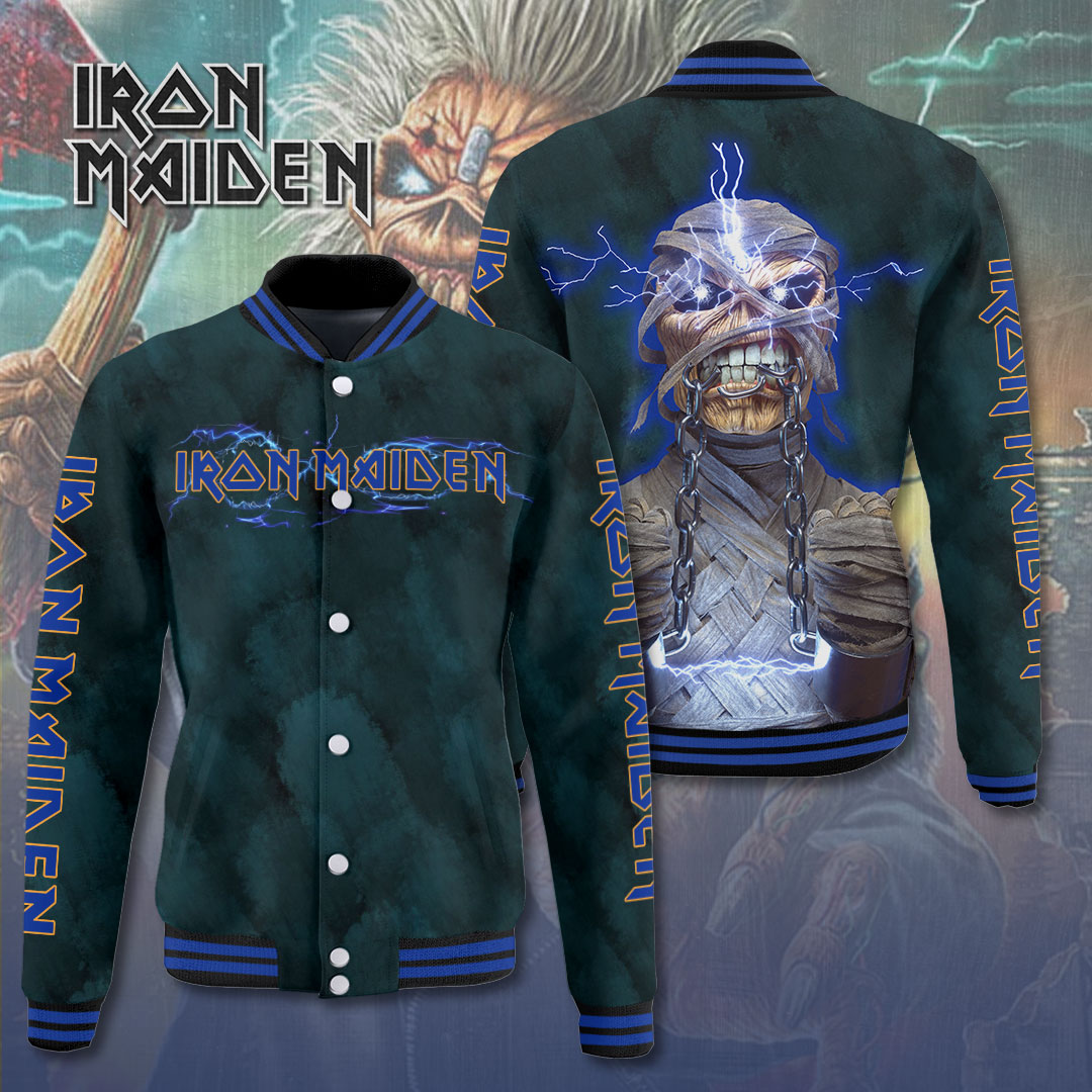 Iron Maiden Inspired Album Art Varsity Jacket Blue Red Flame Edition