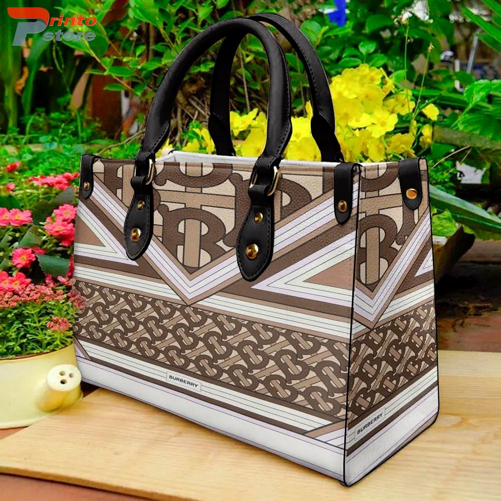 Burberry Brown Striped Pattern Leather Handbag Luxury Burberry Bags 2025