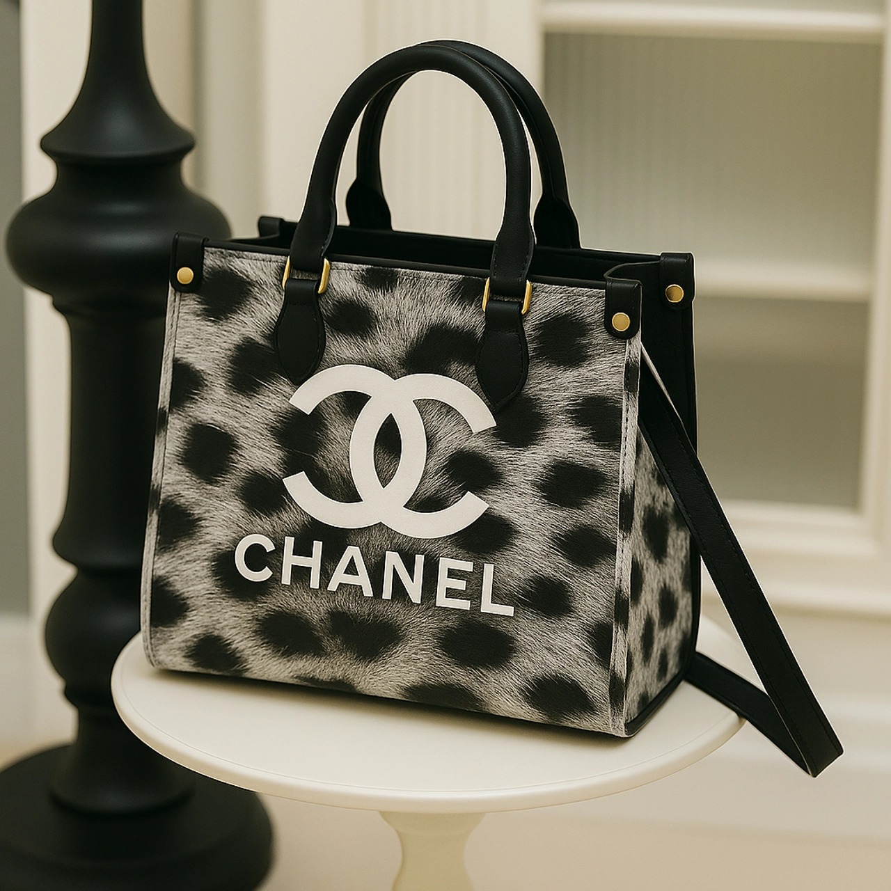 Chanel Black Logo Leopard Premium Leather Handbag Limited Edition
