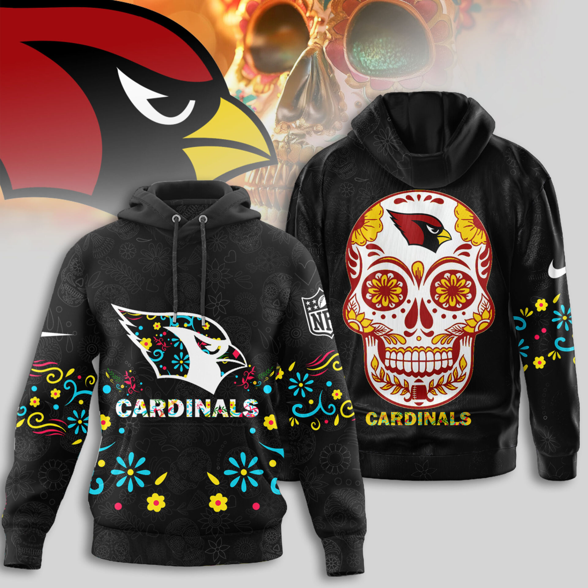 Arizona Cardinals Premium NFL Dia de los Muertos Limited Editions Hoodie