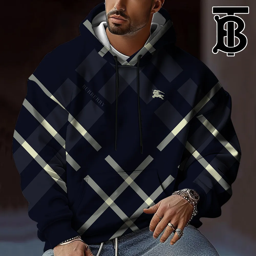 Burberry Logo Luxury Classic Hoodiefor Men Navy 
