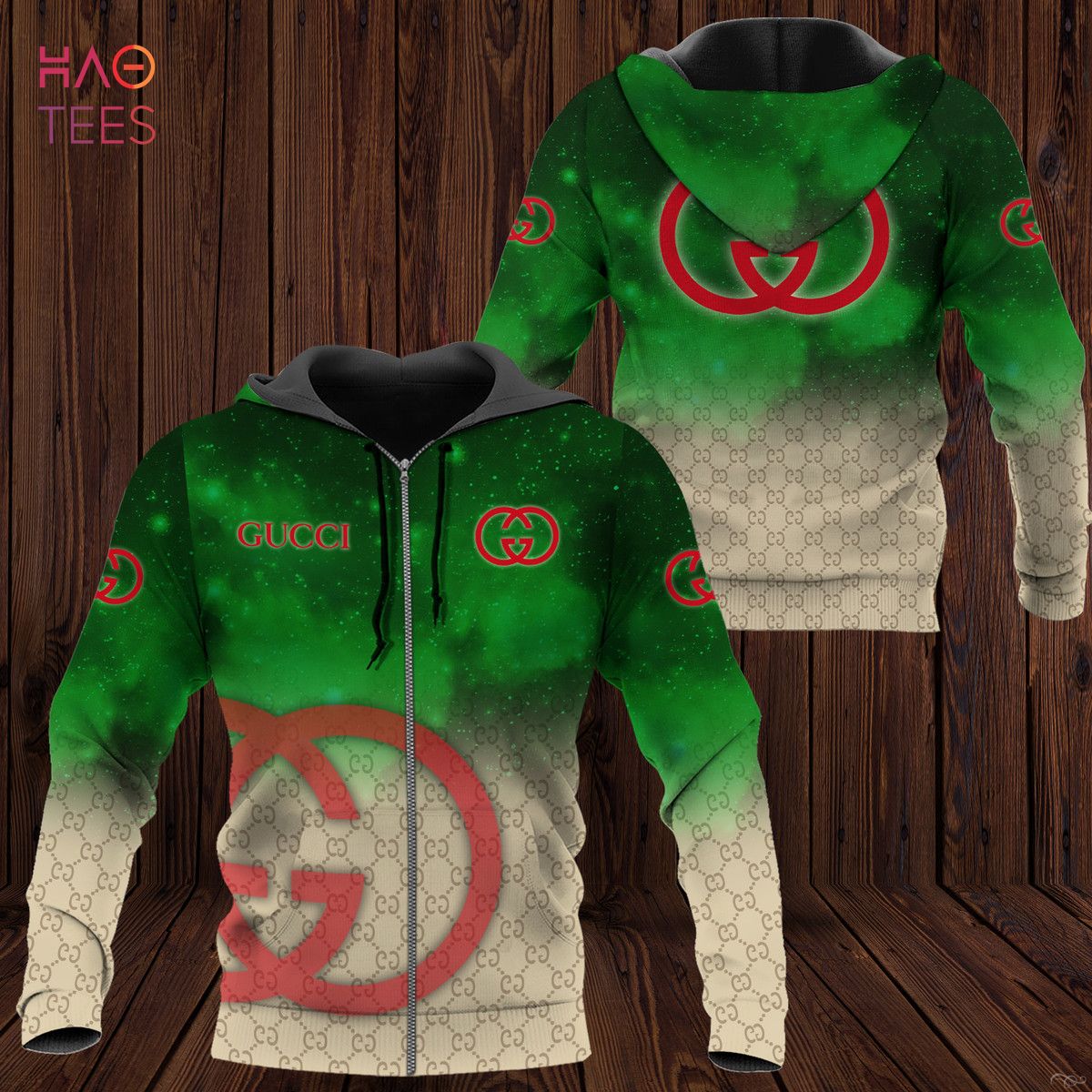 Gucci Brown Mix Green Luxury 3D Zip Hoodie For Men
