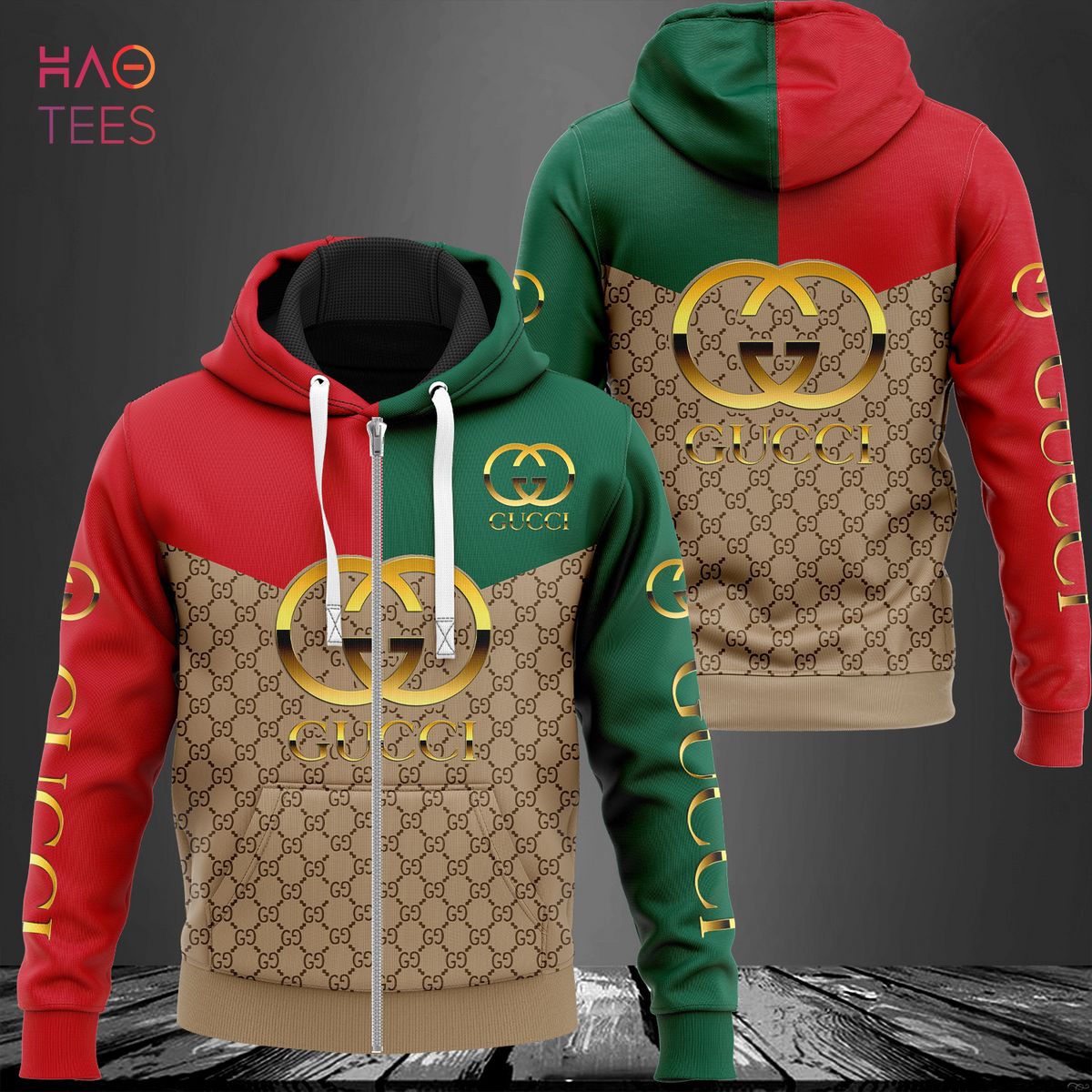 Gucci Ophidia Green Brown Red Luxury 3D Zip Hoodie For Men