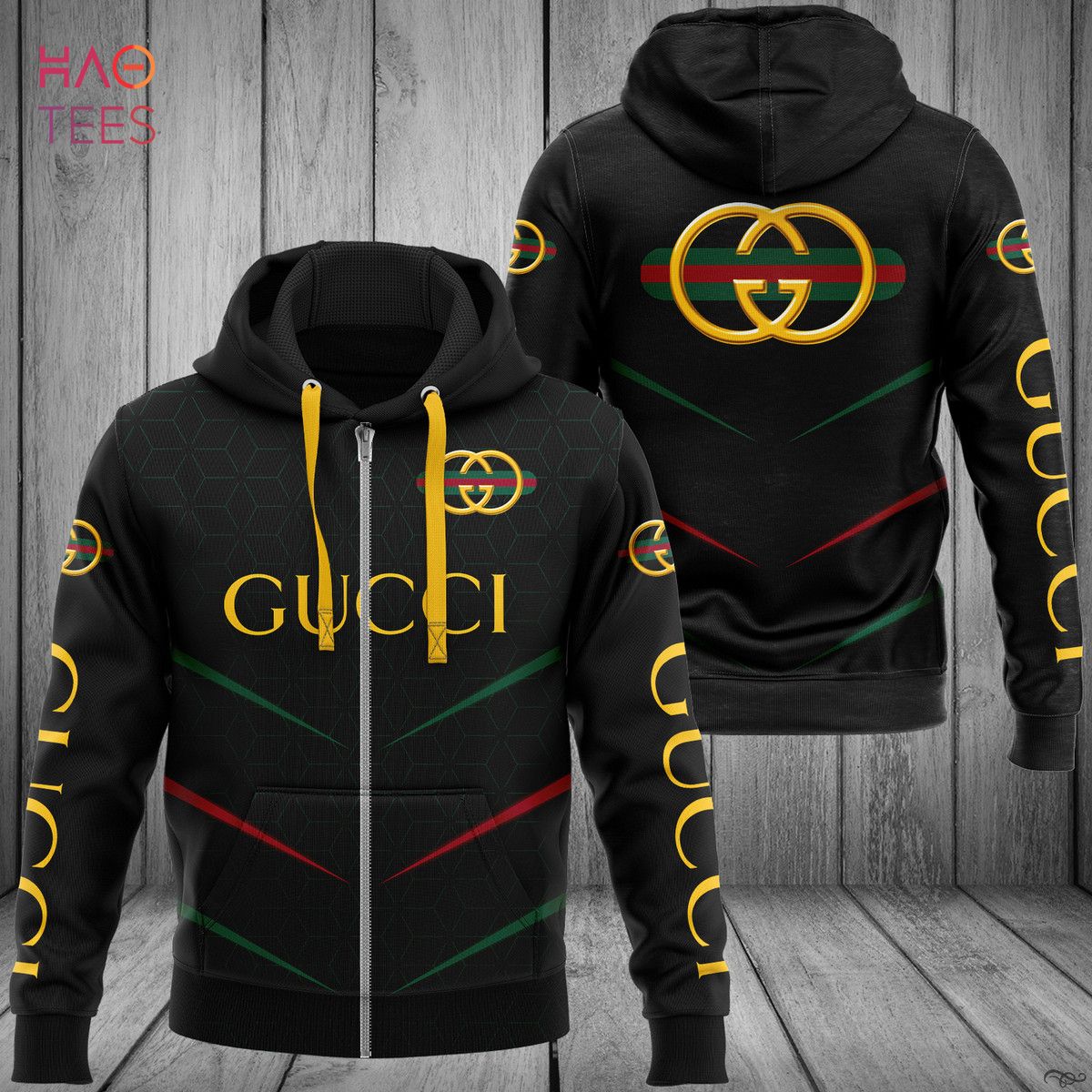Hot Gucci Gold Logo Luxury 3D Zip Hoodie Limited Edition