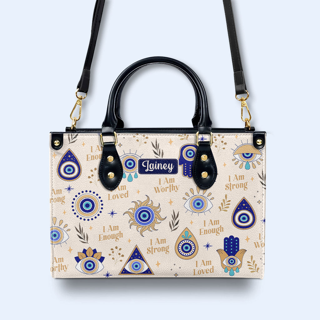 I Am Strong Evil Eye Personalized Custom Leather Handbag - Image 2