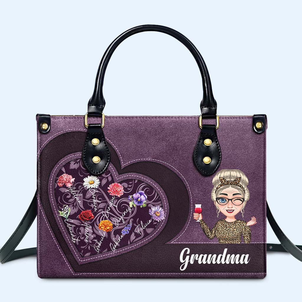 To Grandma With Love Forever Heart And Flowers Design Personalized Custom Leather Handbag - Image 2