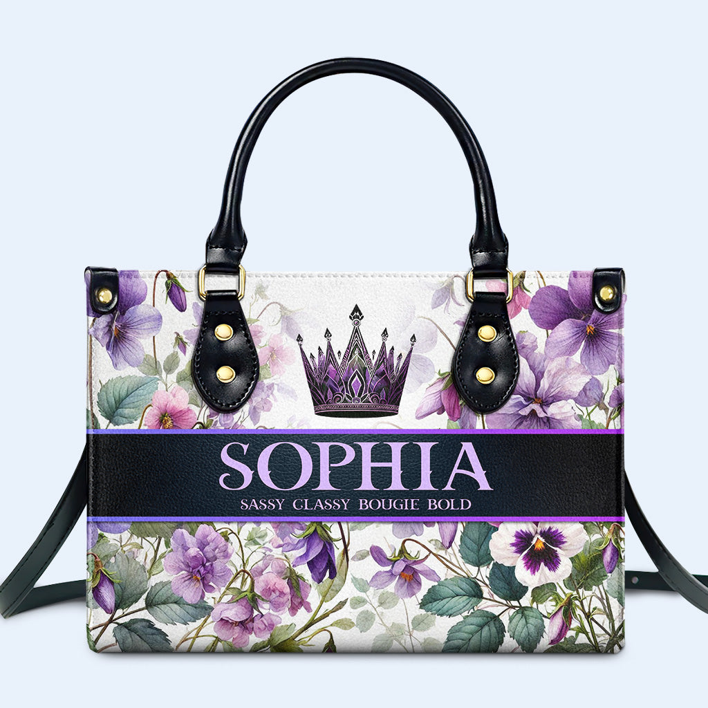 Sassy Classy Bougie Bold Crown And Flowers Design Personalized Custom Leather Handbag - Image 2