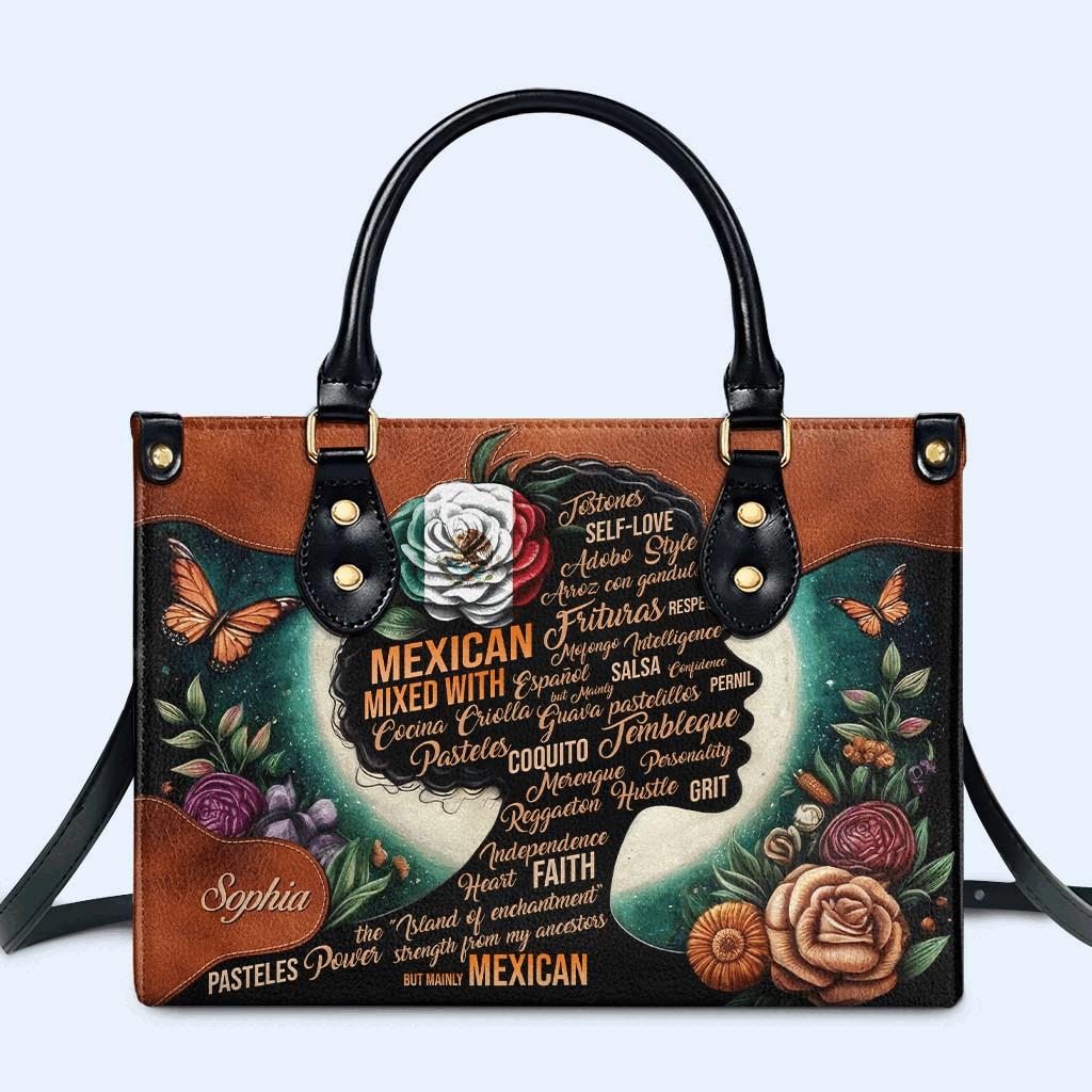 Flower Hispanic Mixed With Personalized Custom Leather Handbag - Image 2