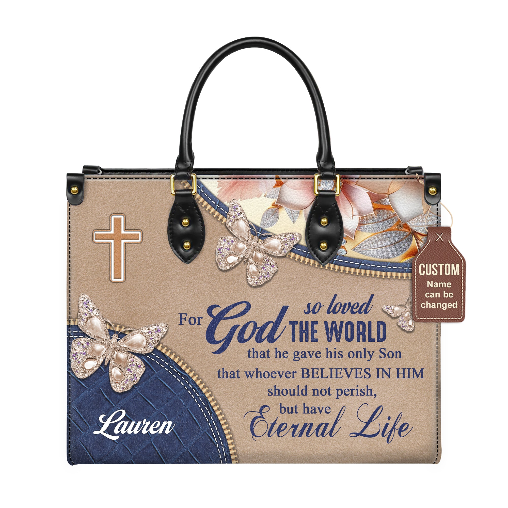 John 3:16 For God So Loved The World Eternal Life Personalized Christian Faith Leather Handbag - Image 2