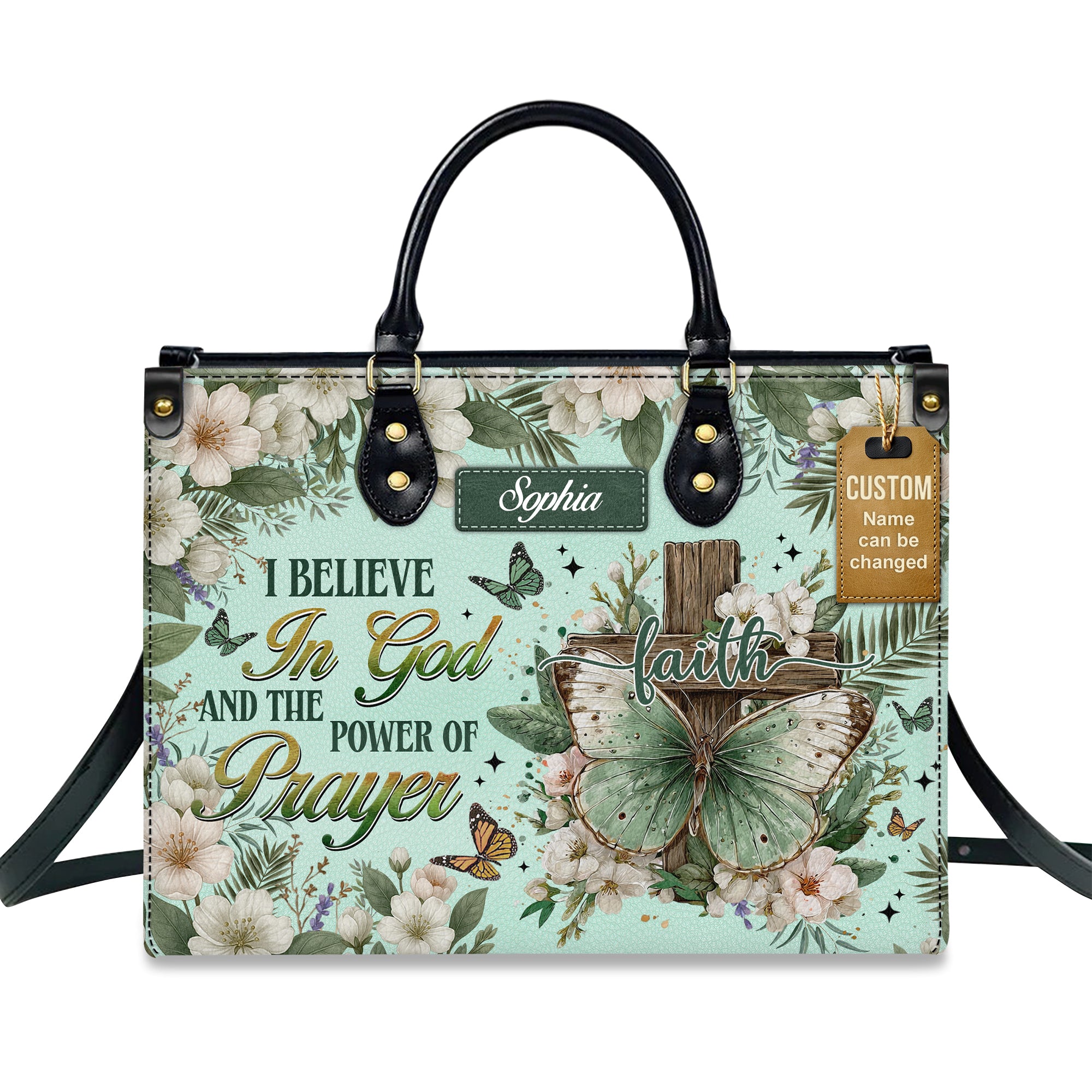 I Believe In God And The Power Of Prayer Personalized Leather Handbag - Image 2