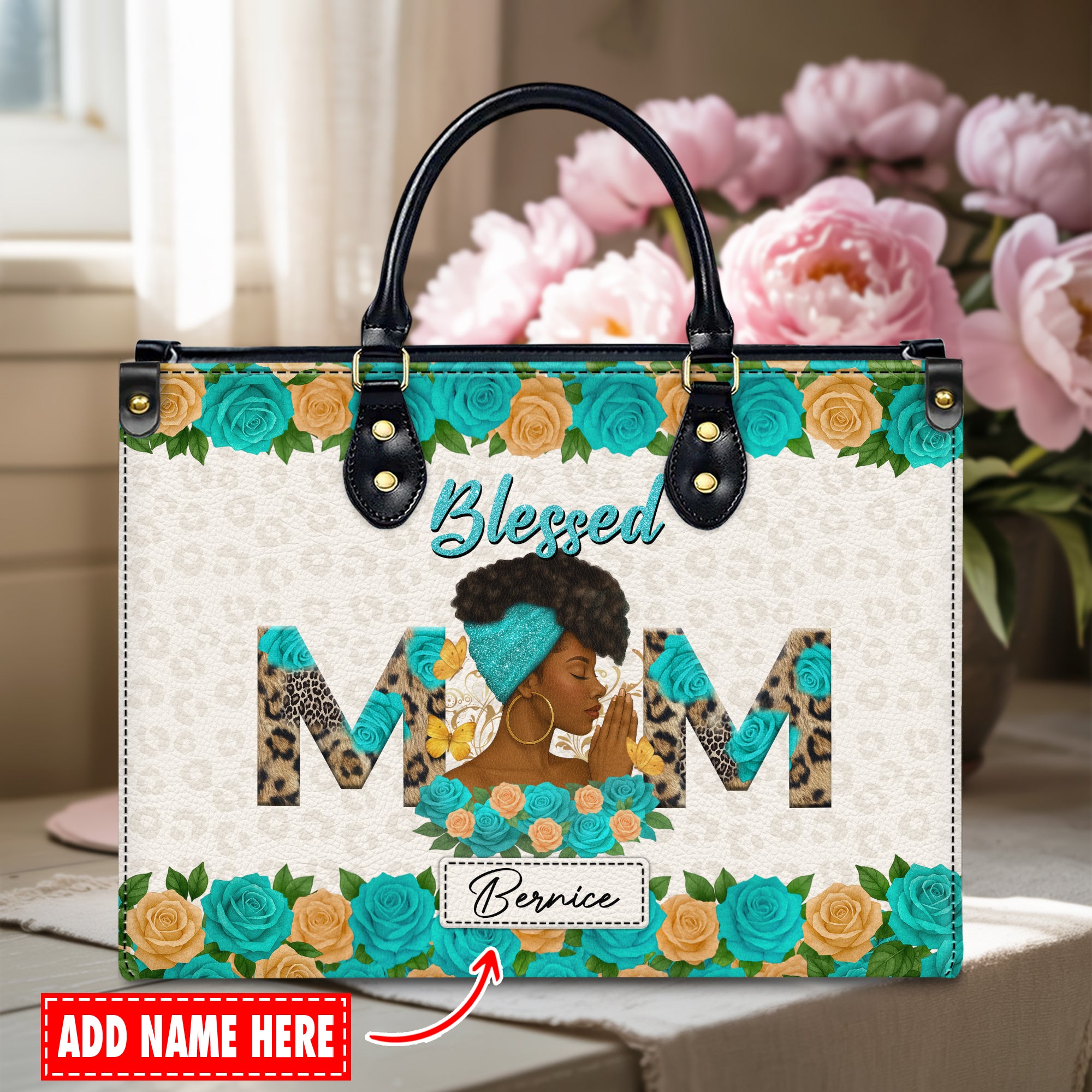 Blessed Mom Praying Mother Personalized Leather Handbag - Image 2