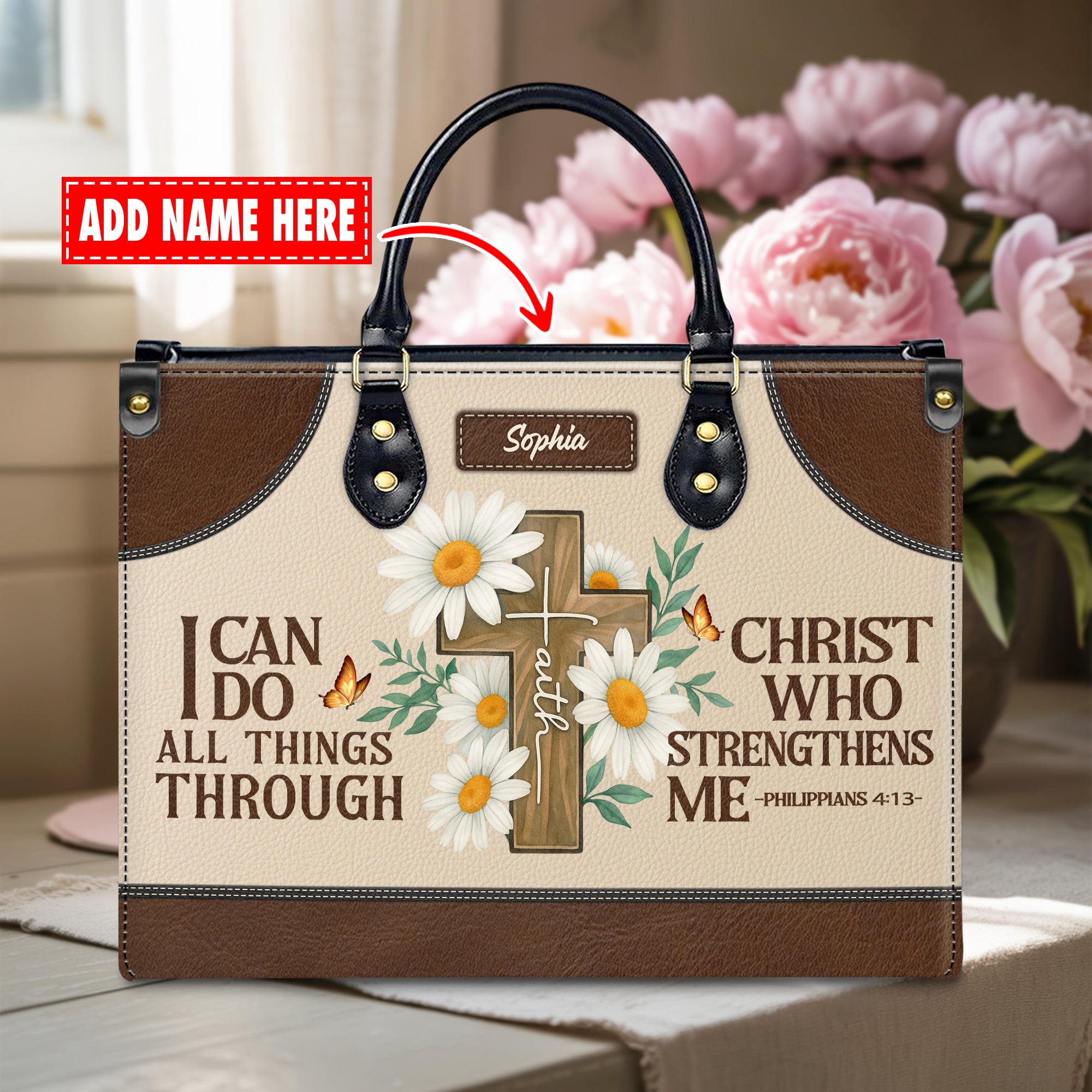 I Can Do All Things Through Christ Daisy Faith Philippians 4:13 Personalized Leather Handbag - Image 2