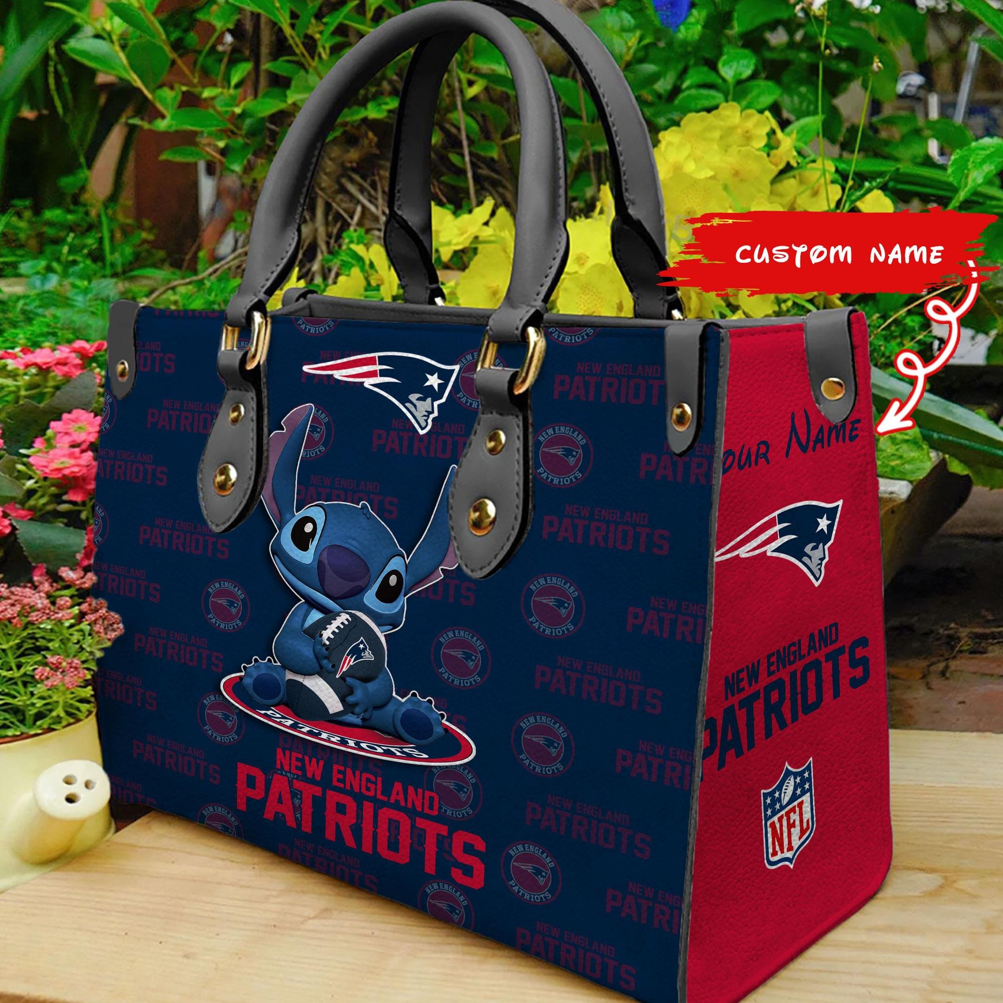 New England Patriots Stitch Women Custom Name Leather Hand Bag - Image 2
