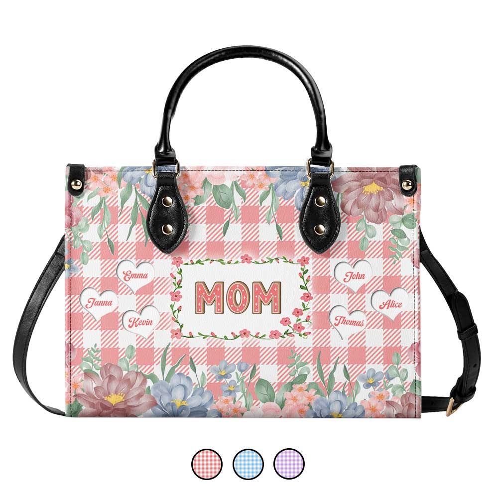 Personalized Leather Handbag Floral Checkered Blessed Gifts Mothers Day For Mum Leather Custom Synthetic Vegan Leather Bag - Image 2