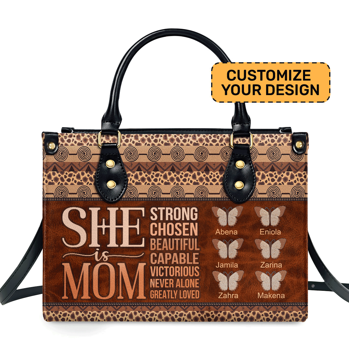 She Is Mom Butterfly Personalized Leather Hand Bag  - Image 2