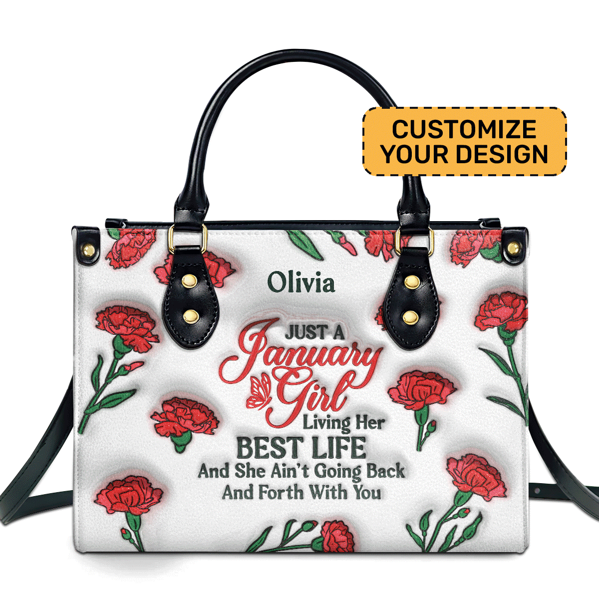 Birth Month Flowers Just A Girl Living Her Best Life Personalized Leather Hand Bag  - Image 2
