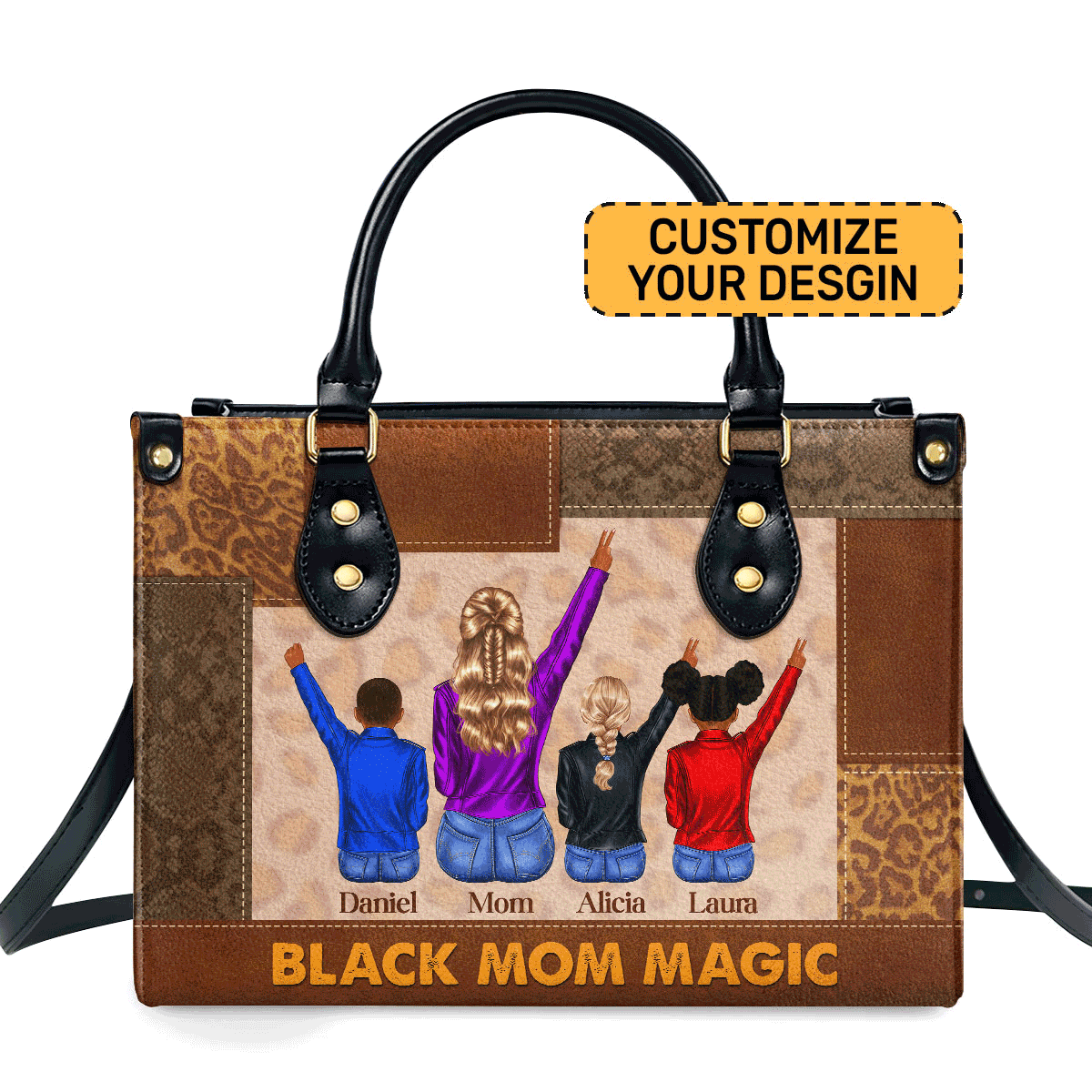 Black Mom Magic Personalized Leather Hand Bag  - Image 2