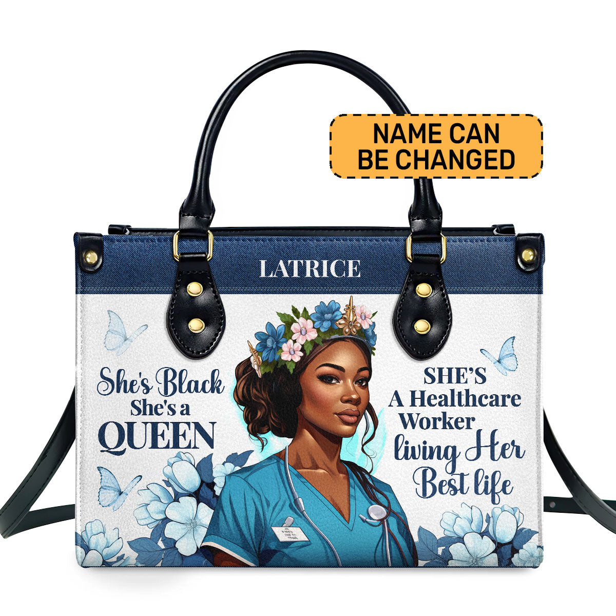 She's Black She's A Queen She's A Healthcare Worker Living Her Best Life Personalized Leather Hand Bag  - Image 2