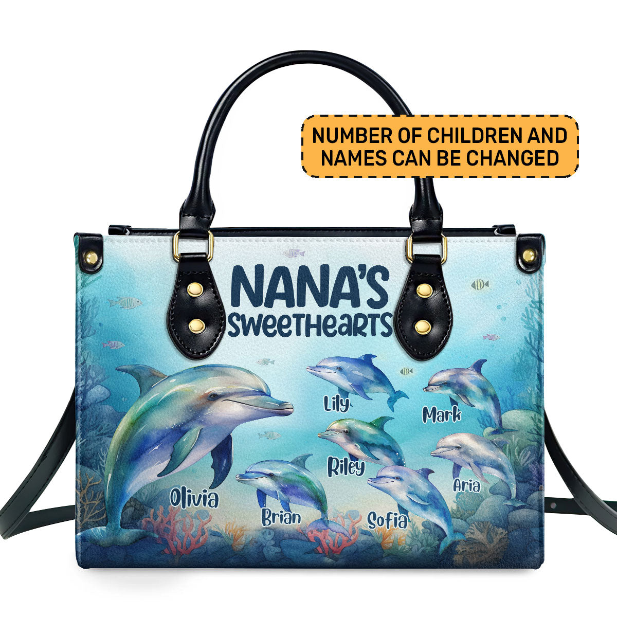 Nana's Sweethearts Dolphins Personalized Leather Hand Bag  - Image 2