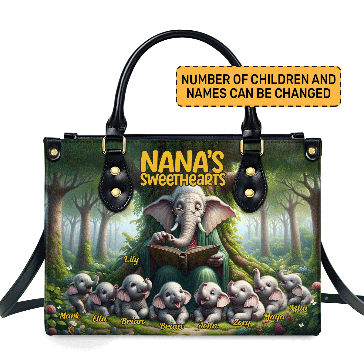 Nana's Sweethearts Elephants Personalized Leather Hand Bag  - Image 2