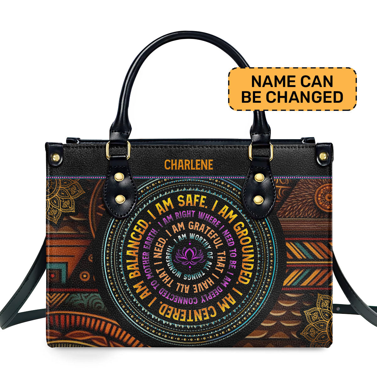 I AM SAFE I AM BALANCED Personalized Leather Hand Bag  - Image 2