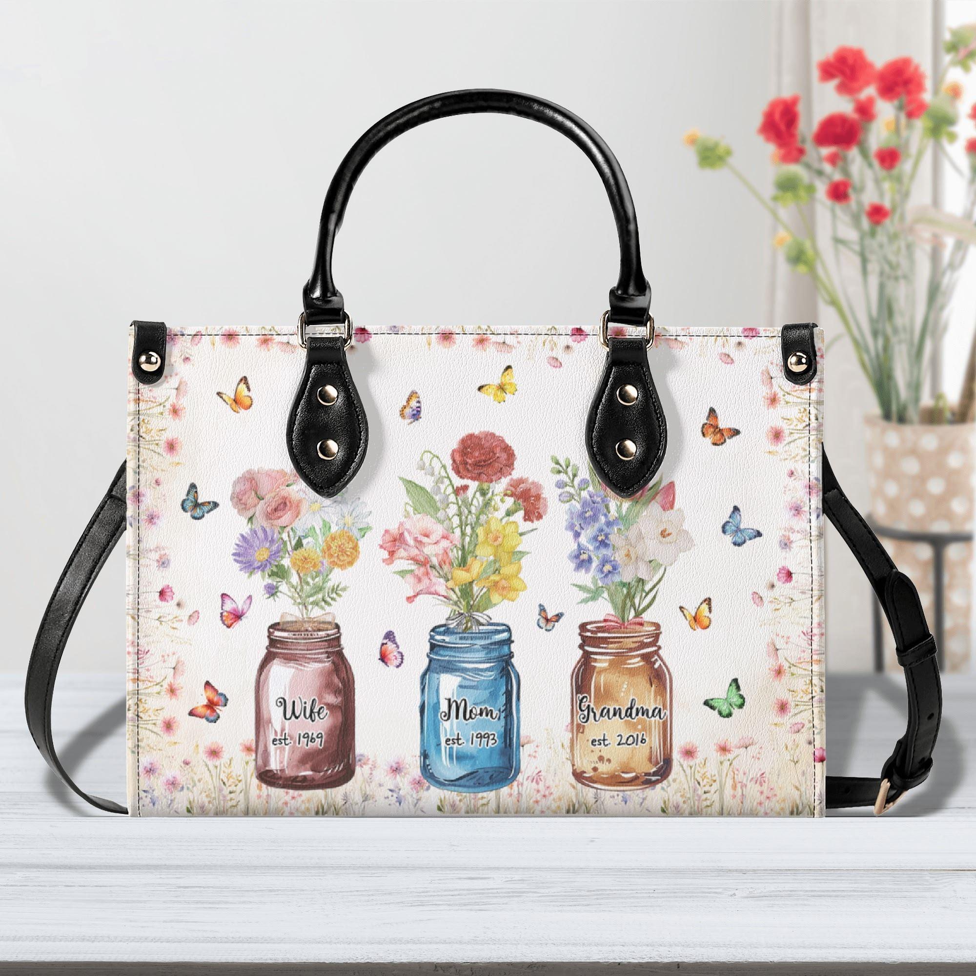 Photo Name Wife Mom Grandma Floral Jar Mothers Day Gifts Personalized Vegan Leather Handbag - Image 2