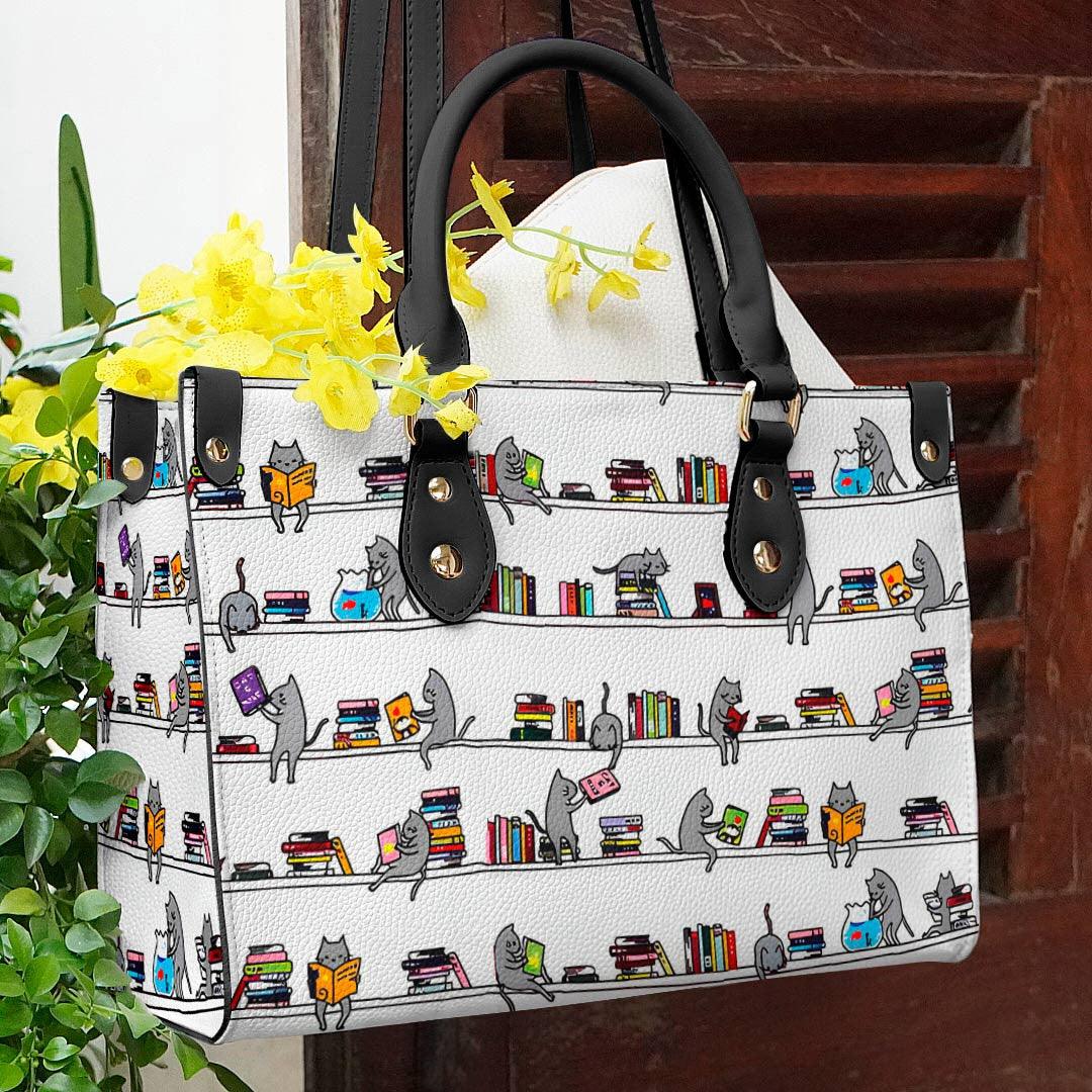 Personalized Vegan Leather Handbag Cat Cat With Books - Image 2