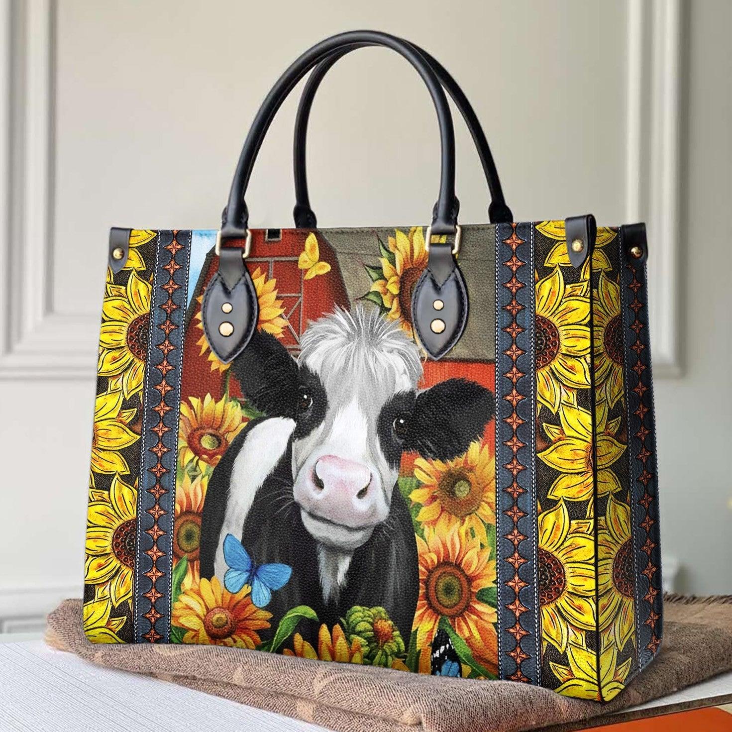 Personalized Vegan Leather Handbag Cow Sunflower Dairy Cattle - Image 2