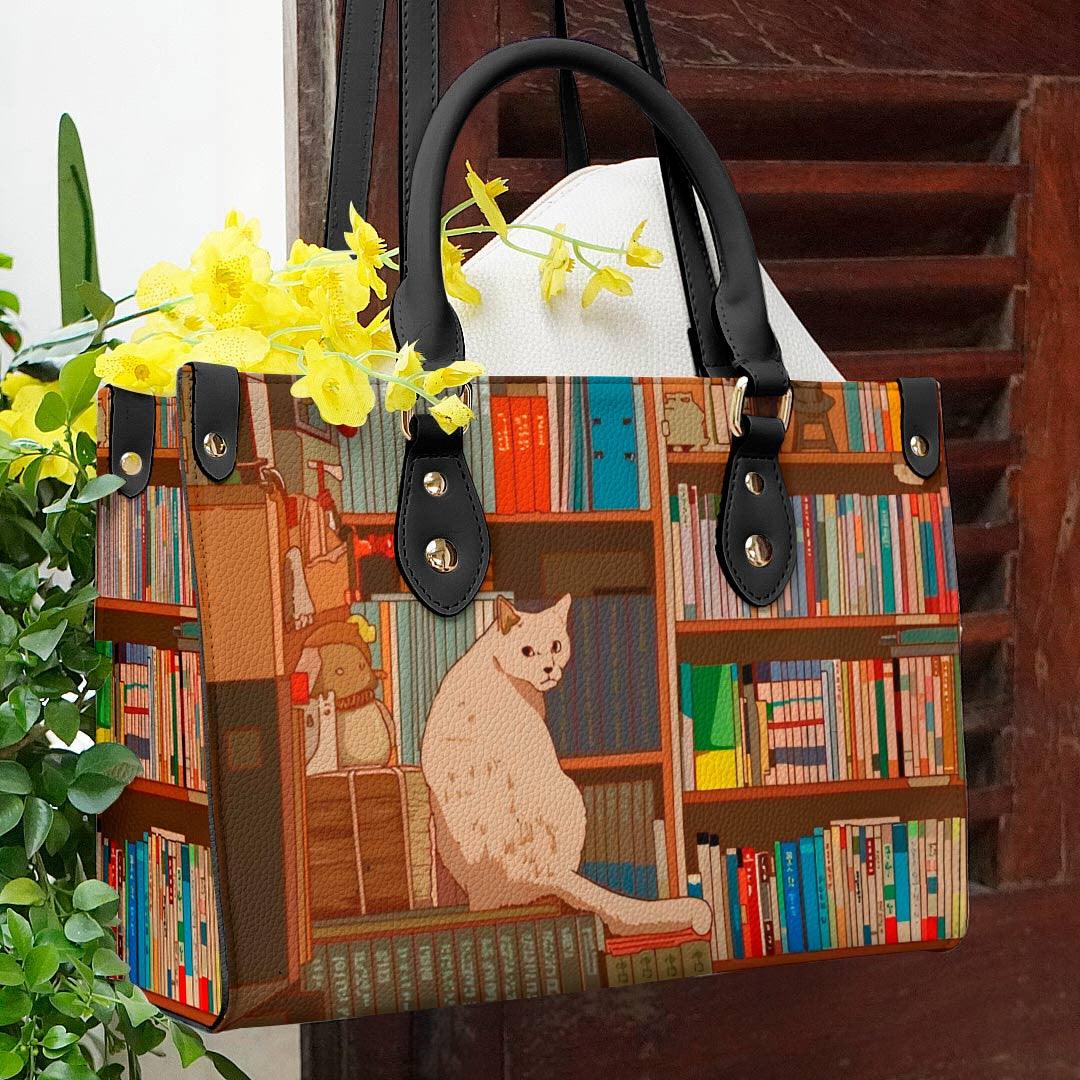 Personalized Vegan Leather Handbag Cat Cat With Books Ver4 - Image 2