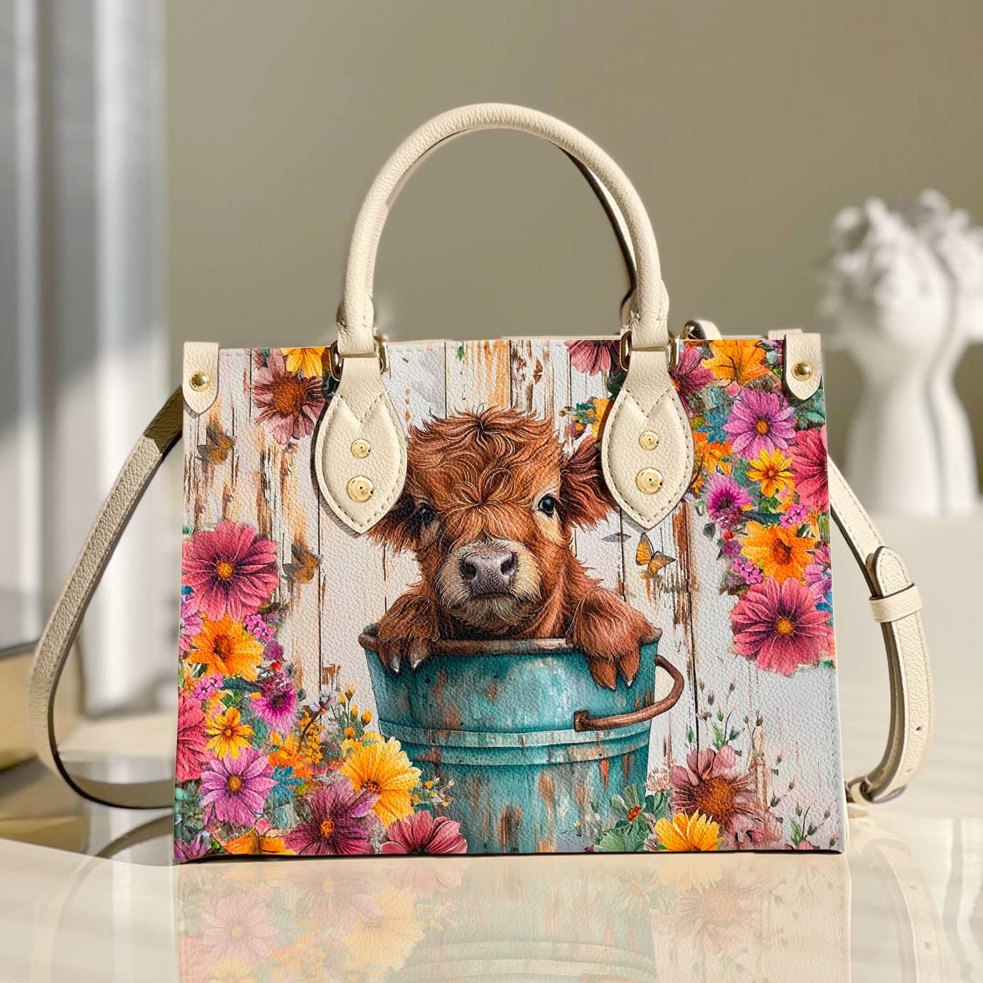 Personalized Vegan Leather Handbag Cow Floral Cow - Image 2