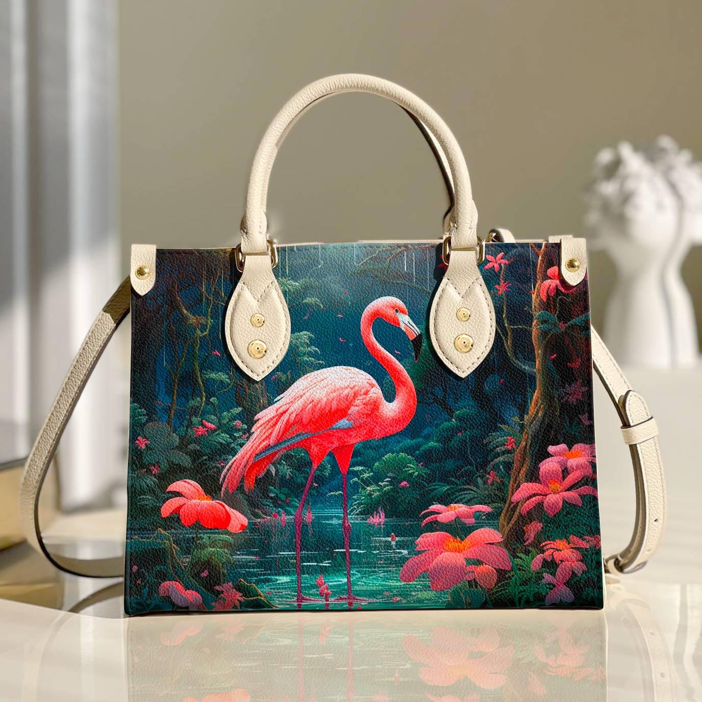 Personalized Vegan Leather Handbag Flamingo With Hibiscus - Image 2