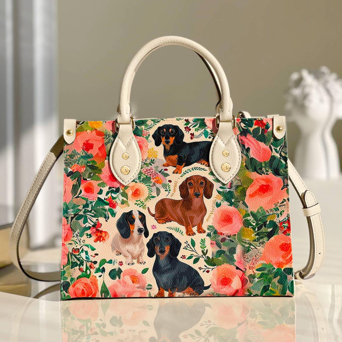 Personalized Vegan Leather Handbag Dog Floral Dachshunds  - Image 2