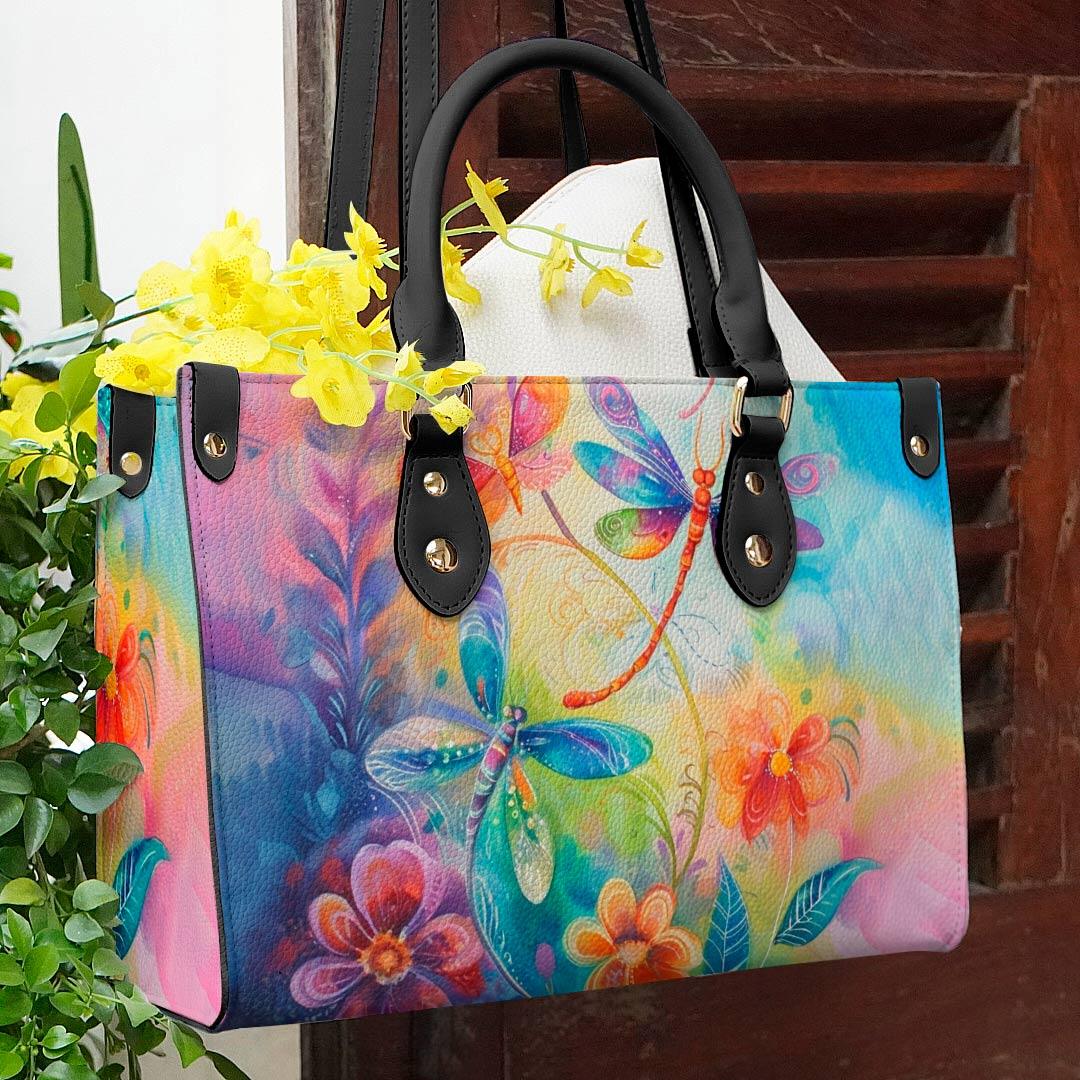 Personalized Vegan Leather Handbag Colorful Dragonflies - Image 2