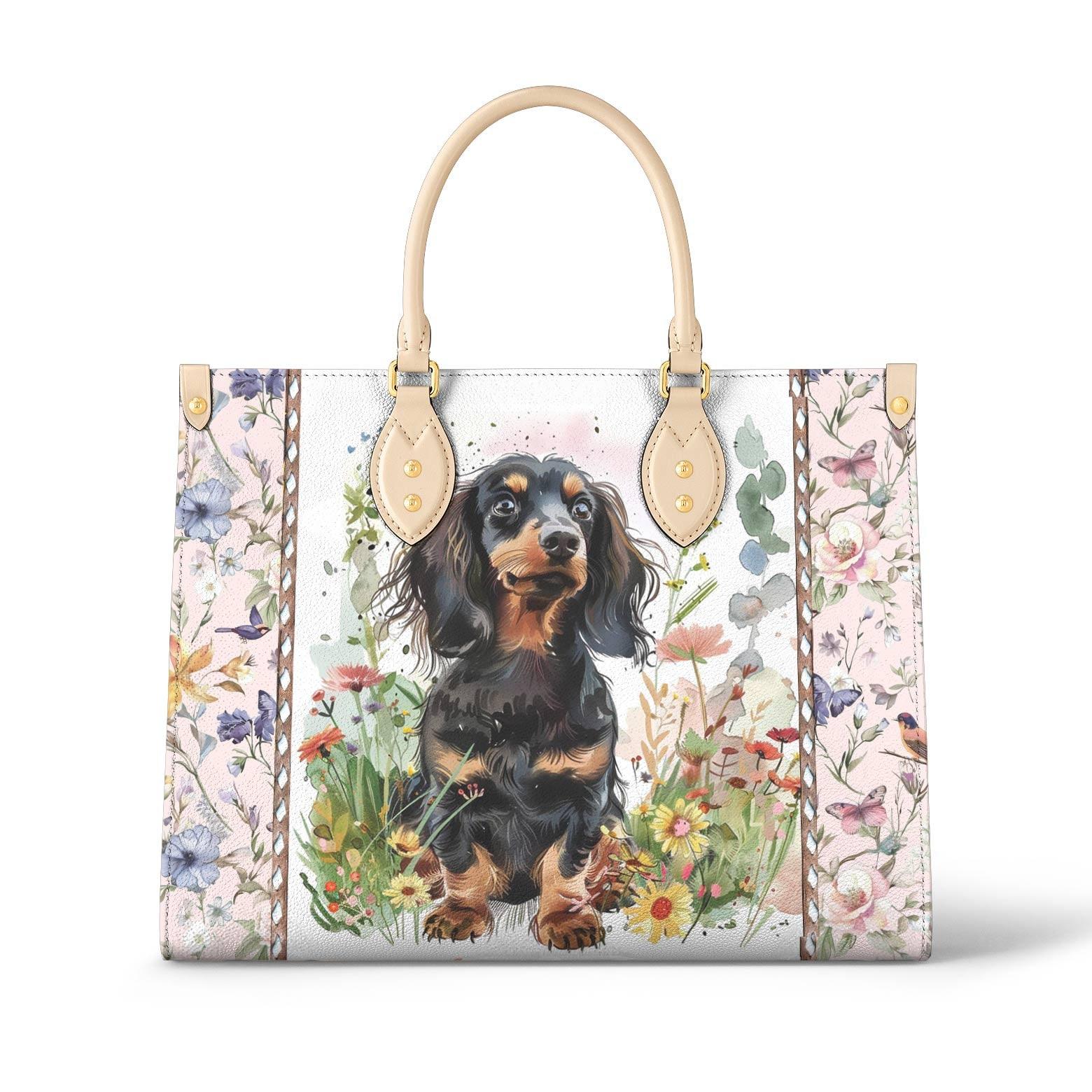 Personalized Vegan Leather Handbag Floral Pup - Image 2