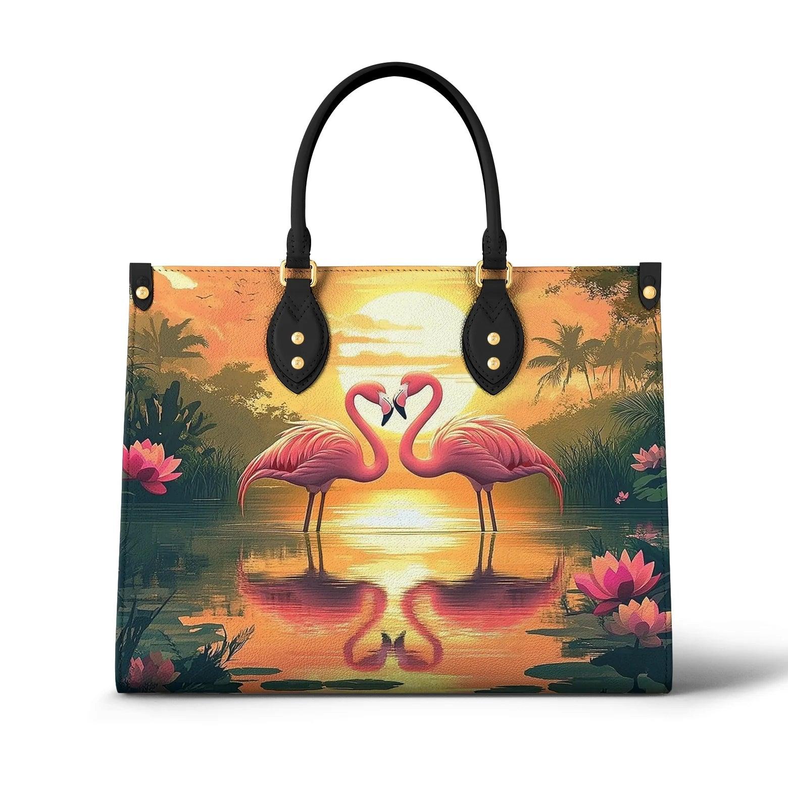 Personalized Vegan Leather Handbag Flamingo Sunset Love - Image 2