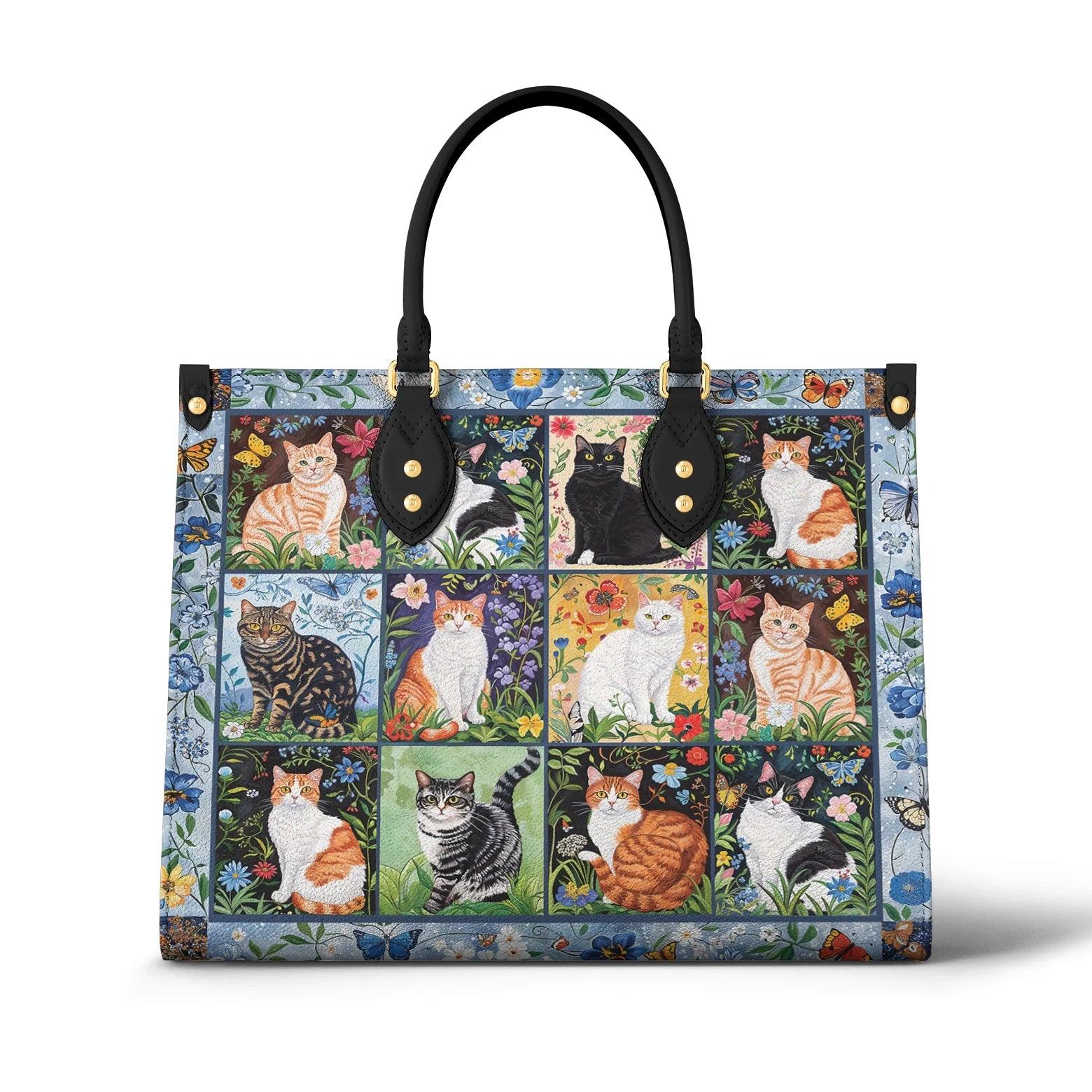 Personalized Vegan Leather Handbag Cat Floral Felines - Image 2