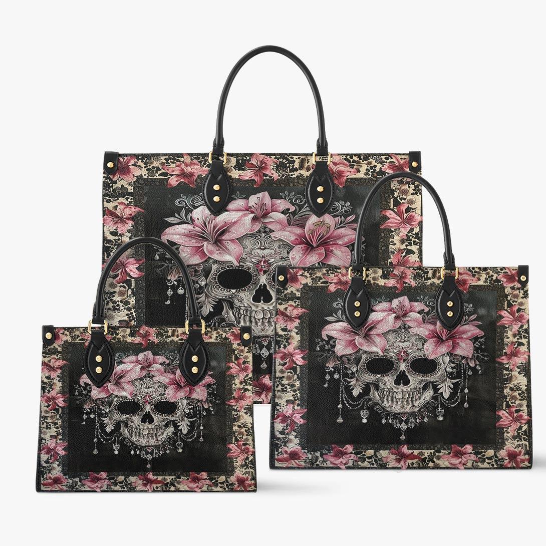 Personalized Vegan Leather Handbag Beautiful Sugar Skull With Lilies - Image 2