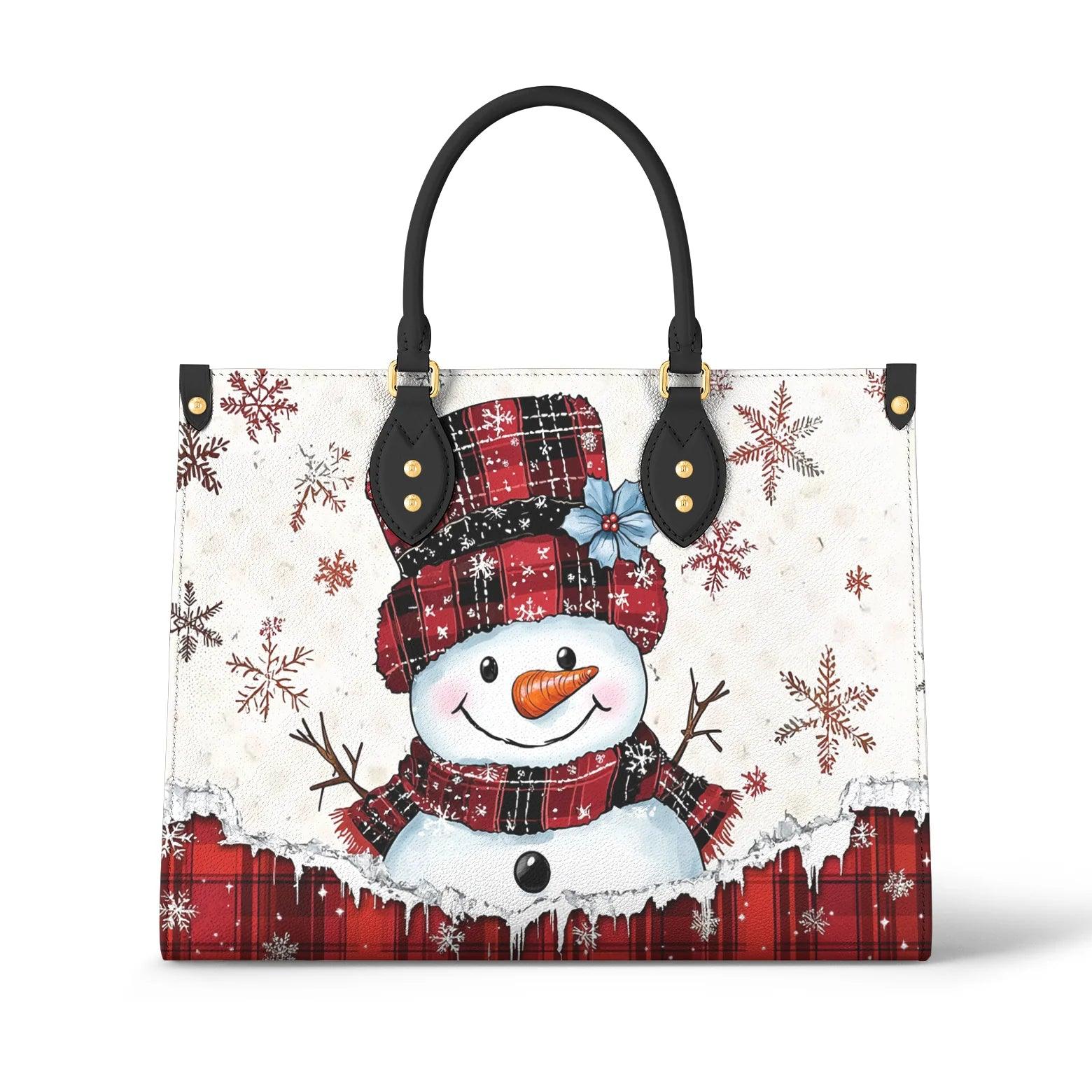 Personalized Vegan Leather Handbag Plaid Snowman Joy - Image 2