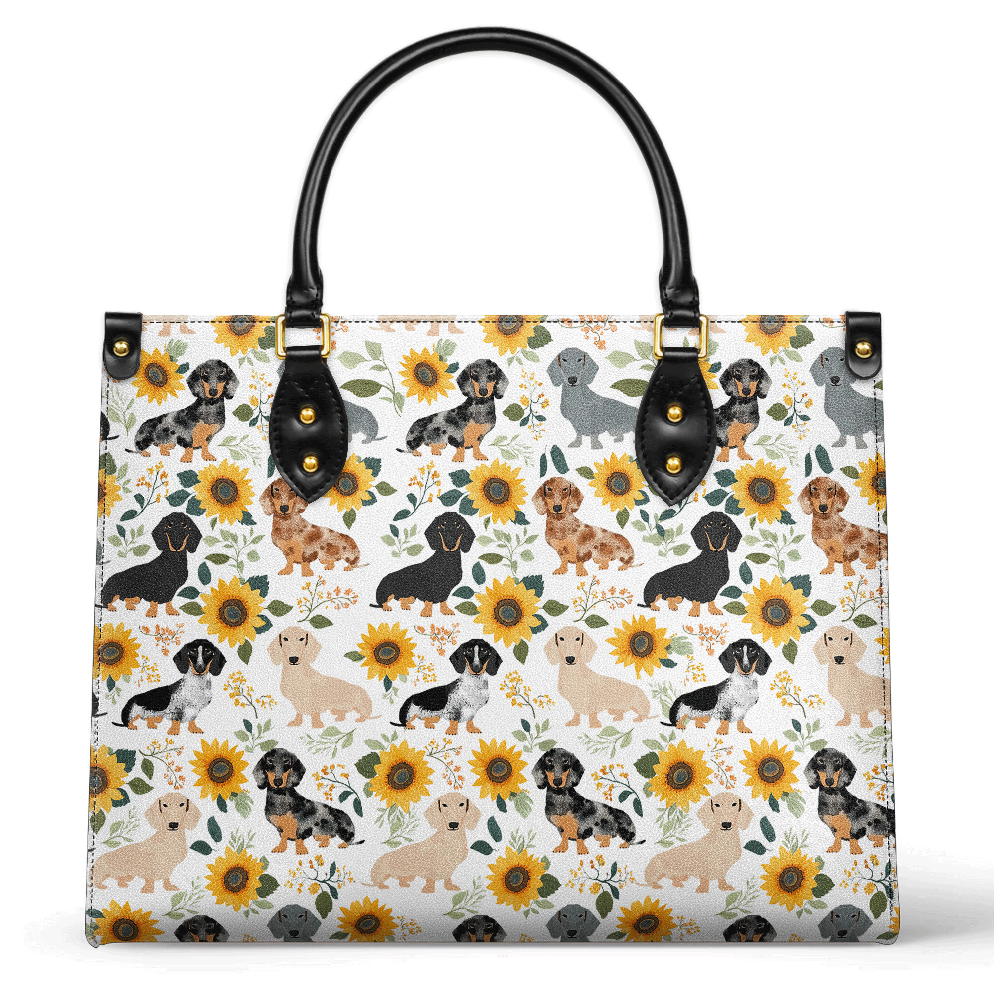 Personalized Vegan Leather Handbag Dachshunds Sunflowers - Image 2